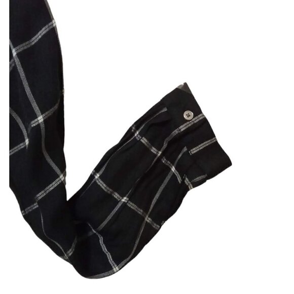 LOFT Black Window Pane Wrap Long Sleeve Tie Waist Ruffle Hem Blouse Sz M - Picture 7 of 9